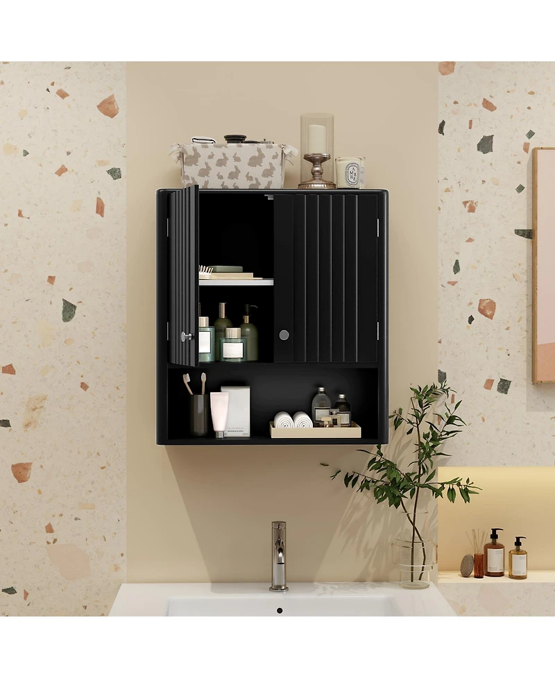 Gymax Bathroom Wall Cabinet w/Fluted Doors Adjustable Shelf Open Storage Cube Beige