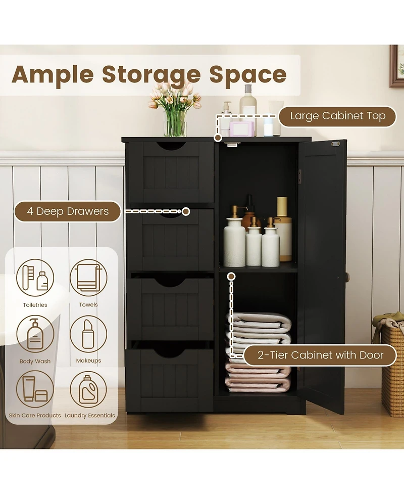 Gymax Bathroom Cabinet Floor Standing Storage Cabinet w/ 4 Drawers 1 Enclosed Cabinet