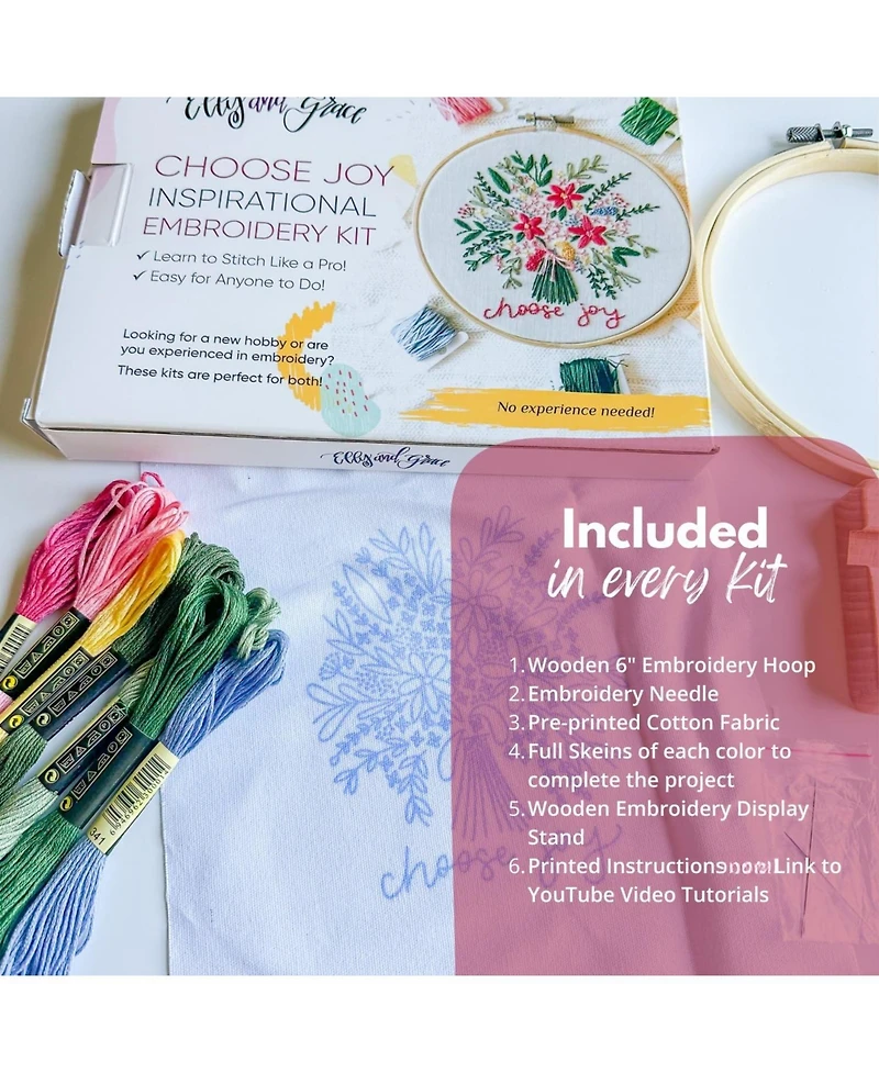 Gnuadz Elly Grace Embroidery Kit Hoop Beginners Adults Thread Joy