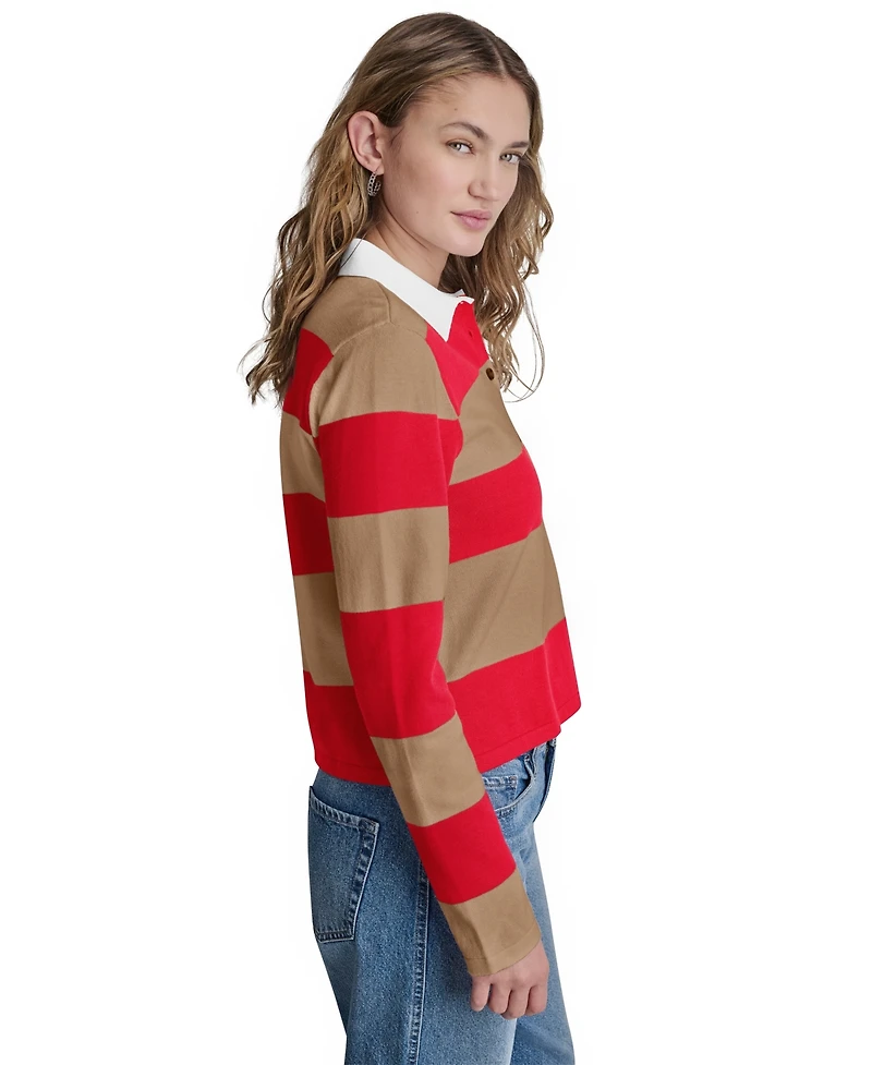 Dkny Jeans Women's Long-Sleeve Logo Charm Multi-Stripe Cotton Polo Sweater