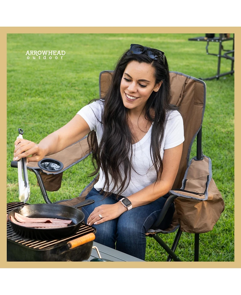 Arrowhead Outdoor Folding Camp Chair w/ Headrest, Cup and Wine Glass Holder, Armrest 6-can Cooler, Carry Bag, 550 lbs Capacity