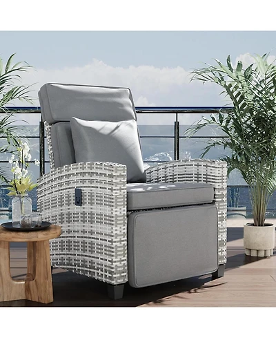 GarveeLife Outdoor Wicker Recliner Chair with 145degree(s) Adjustable Backrest and Footrest, Flip-Up Side Table, Removable Cushion