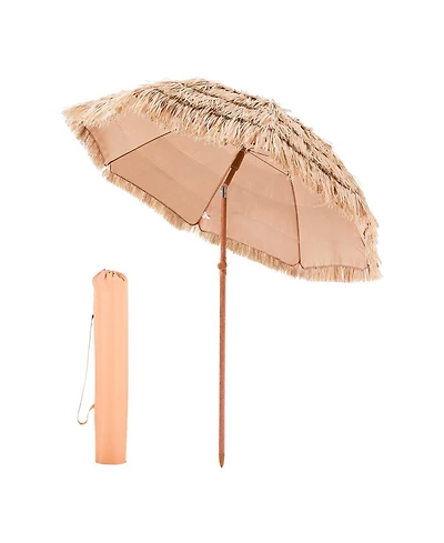 Mecale 6.5 ft Tiki Patio Umbrella with Tilt, Thatched Beach Parasol with Pp Thatch and 8 Metal Ribs, for Patio Poolside Backyard