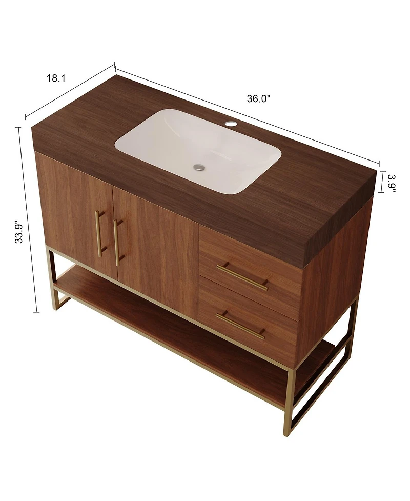 Sillysis 36 Inch Freestanding Bathroom Vanity with Sintered Stone Top, Ceramic Sink, Gold Steel Legs, Modern Storage Drawers