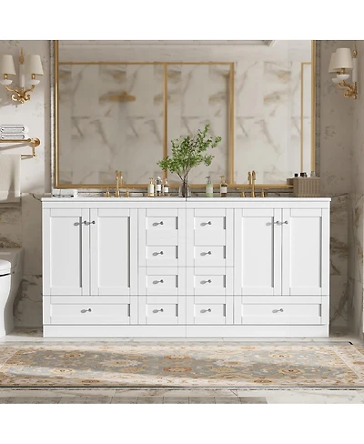 Sillysis 72 Inch Double Sink Bathroom Vanity, Freestanding Modern Mdf Cabinet with Soft Close Drawers and Ceramic Sinks