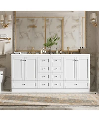 Sillysis 72 Inch Double Sink Bathroom Vanity, Freestanding Modern Mdf Cabinet with Soft Close Drawers and Ceramic Sinks