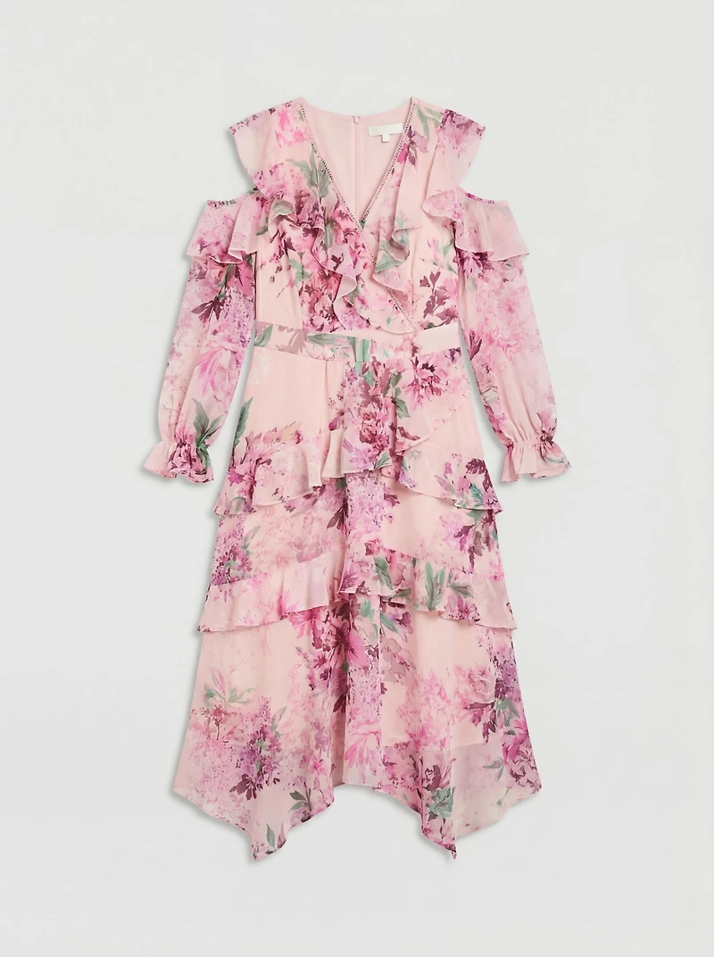 Coast Women's Shoulder Printed Ruffle Midi Dress