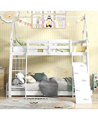 Slickblue Wooden Twin Queen Bunk Bed with Ramp and Climbing Nets