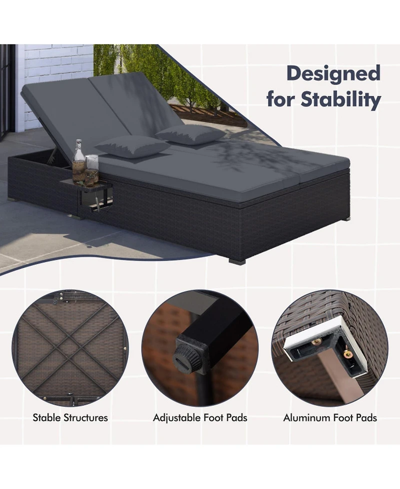 Sugift Patio Double Chaise Lounge with Cushions and Folding Side Trays