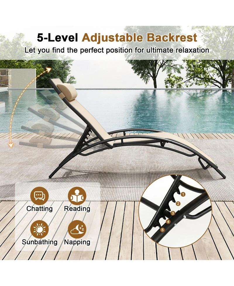 Sugift Set of 2 Outdoor Chaise Lounges Recliner with 5-Position Backrest