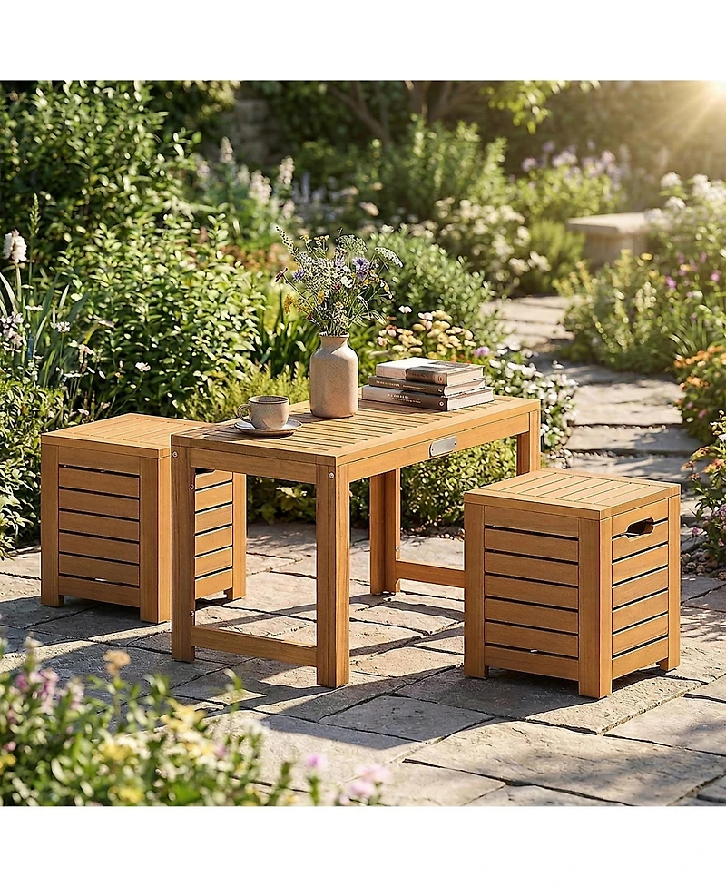 Sugift Acacia Wood Outdoor Coffee Table with Stools Set of 2 3 Pieces Patio Table and Stools Set