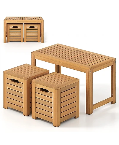 Sugift Acacia Wood Outdoor Coffee Table with Stools Set of 2 3 Pieces Patio Table and Stools Set