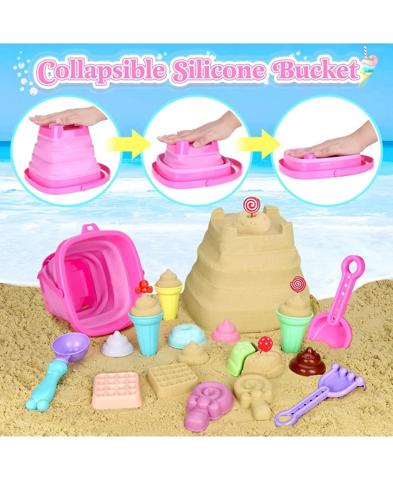 Gnuadz 19-piece Collapsible Beach Toys Sand Bucket Shovels Mesh Bag Molds Ice Cream Sandbox Kids