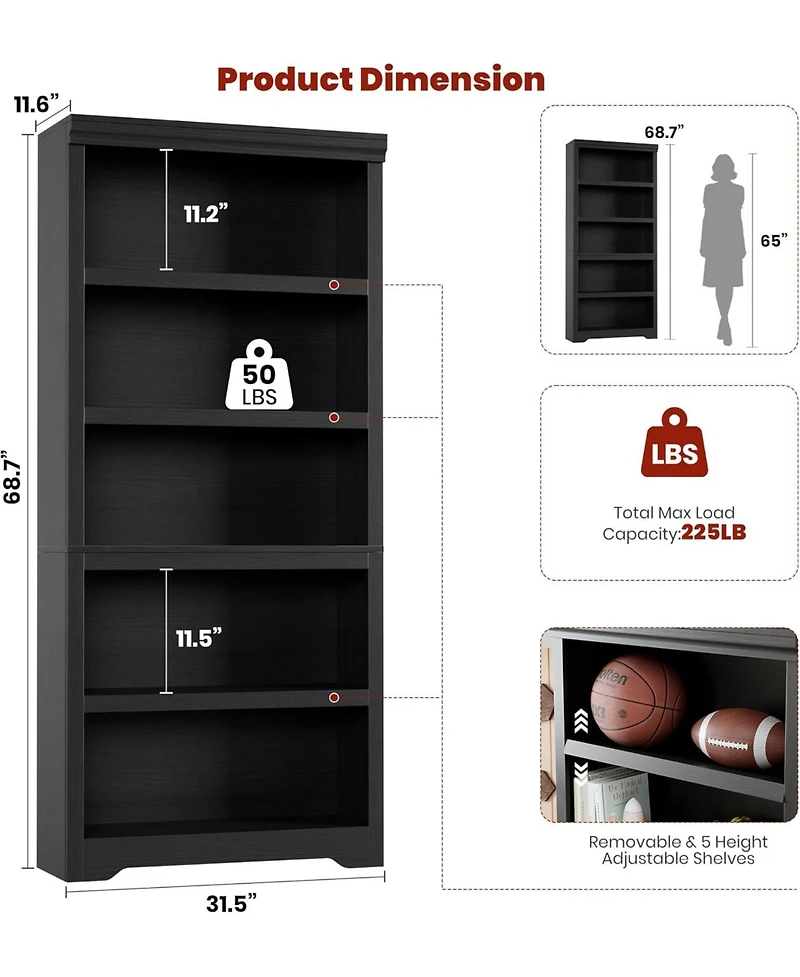 gaomon 75" Tall Farmhouse Bookshelf, 5 Tier Open Bookcase with Adjustable Shelves and Anti-Tip Design for Living Room