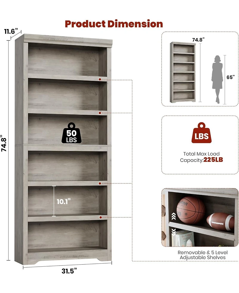 gaomon 6-Tier Farmhouse Bookshelf, 75" Tall Open Bookcase with Adjustable Shelves, 31.5" Wide Storage for Home Office Living Room Bedroom