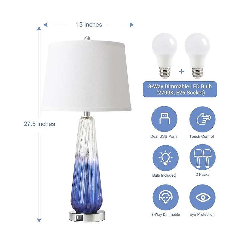 Sofucor 27.5-inch Table Lamps Set of 2 with Touch Control, 3-Way Dimmable Modern Glass Bedside Lamps with Bedrooms Decorations