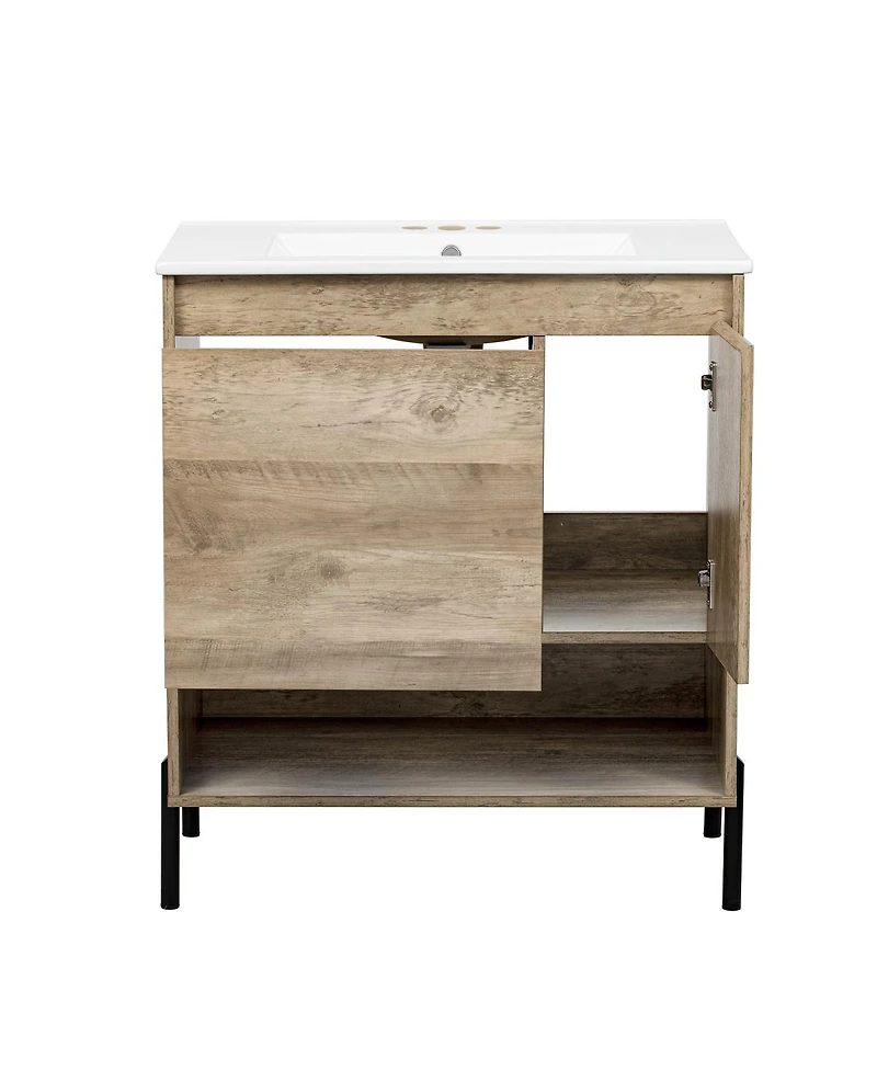 Sillysis Modern Bathroom Vanity with Ceramic Sink, Solid Wood and Metal Legs, Ample Storage Drawers and Open Shelf for Bath