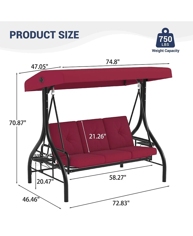 GarveeLife 3 Seat Outdoor Porch Swing with Adjustable Canopy Convertible Patio Swing Bed with Stand Thick Cushions and Cup Holders Weather Resistant