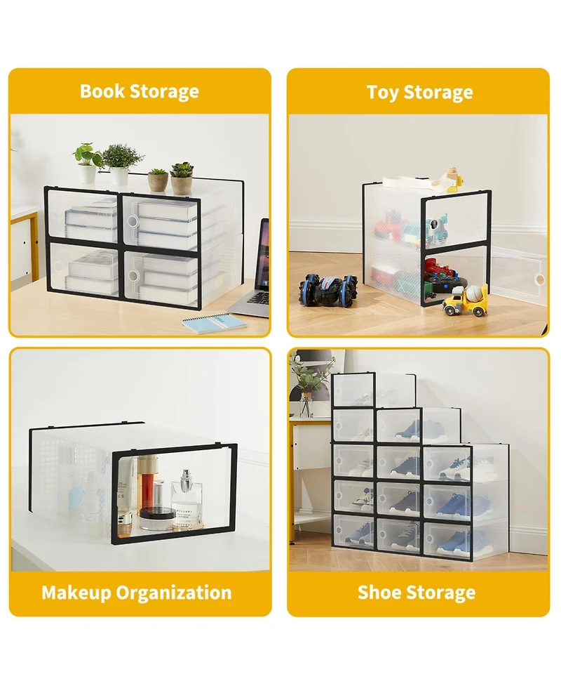 homfan 12Pcs Clear Collapsible Shoe Storage Boxes - Stackable Transparent Organizer Bins for Closet, Home, and Shoes Space-Saving