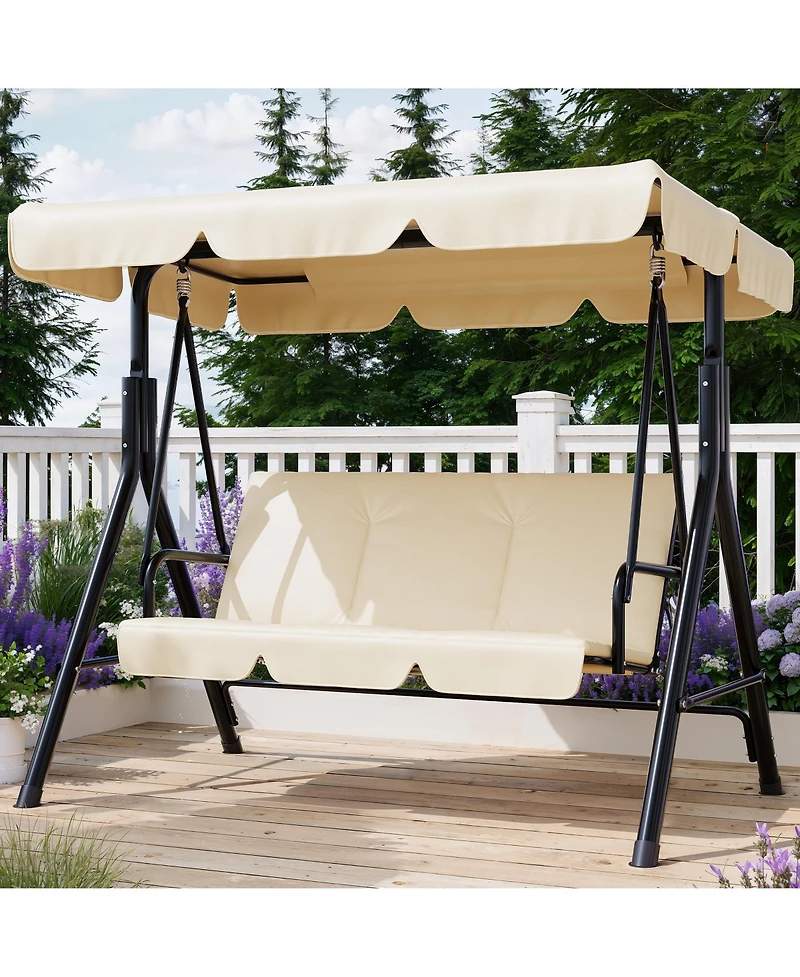 GarveeLife Outdoor Porch Swing with Adjustable Canopy, 3-Seat Patio Chair Stand Heavy Duty Metal Frame for Garden