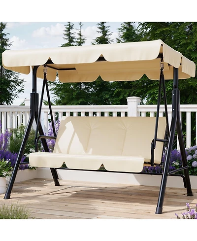GarveeLife Outdoor Porch Swing with Adjustable Canopy, 3-Seat Patio Chair Stand Heavy Duty Metal Frame for Garden