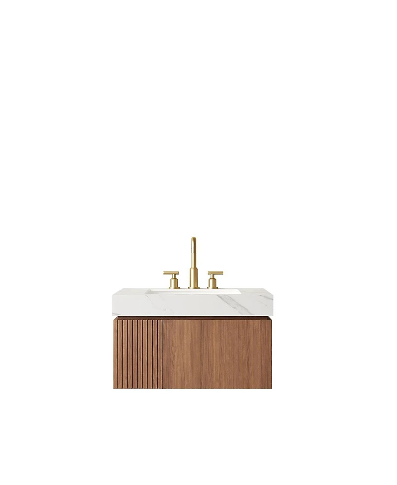 Sillysis Wall Mounted Bathroom Vanity, Carrara Sintered Stone Top, 3-Hole Ceramic Sink, Soft Close Cabinet