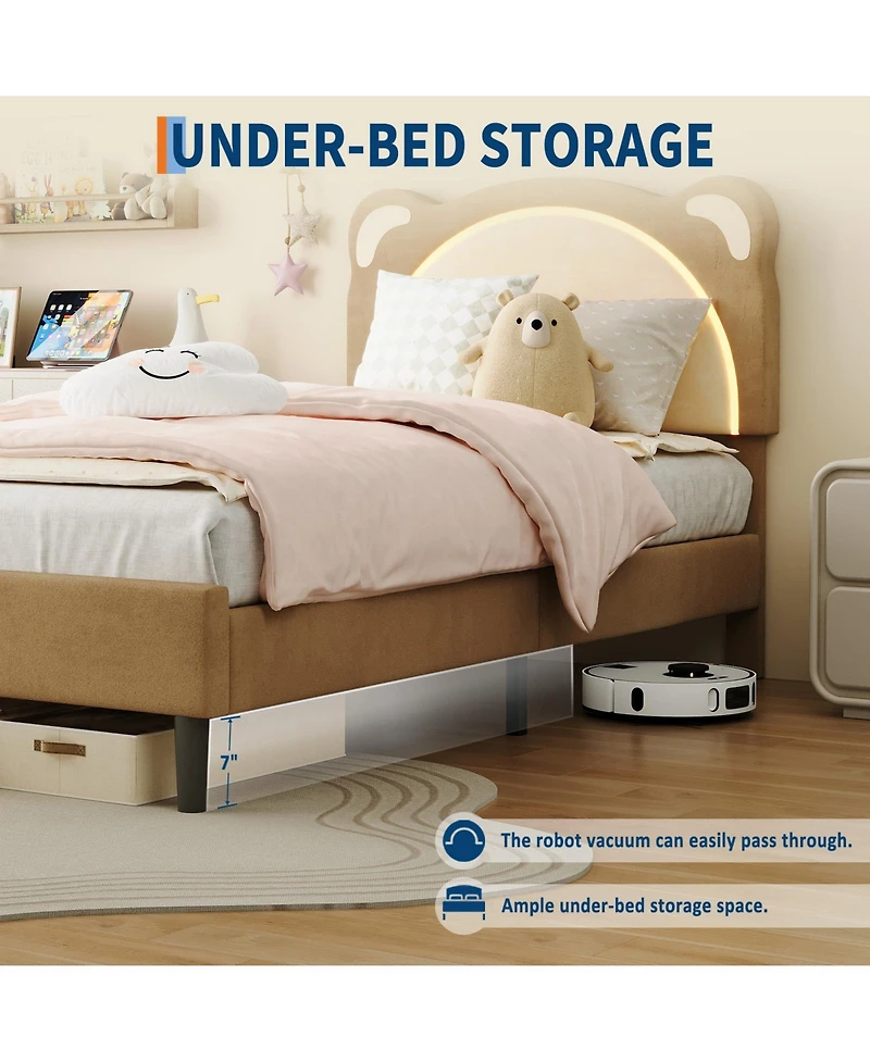homfan Led Headboard Kids Bed Frame - Adjustable Cute Bear Design, Suede Upholstery, Storage Drawer, Plain Wood Slats, Noise-Free
