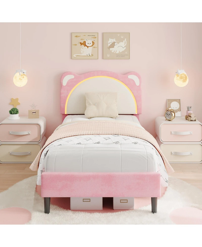 homfan Led Headboard Kids Bed Frame - Adjustable Cute Bear Design, Suede Upholstery, Storage Drawer, Plain Wood Slats, Noise-Free