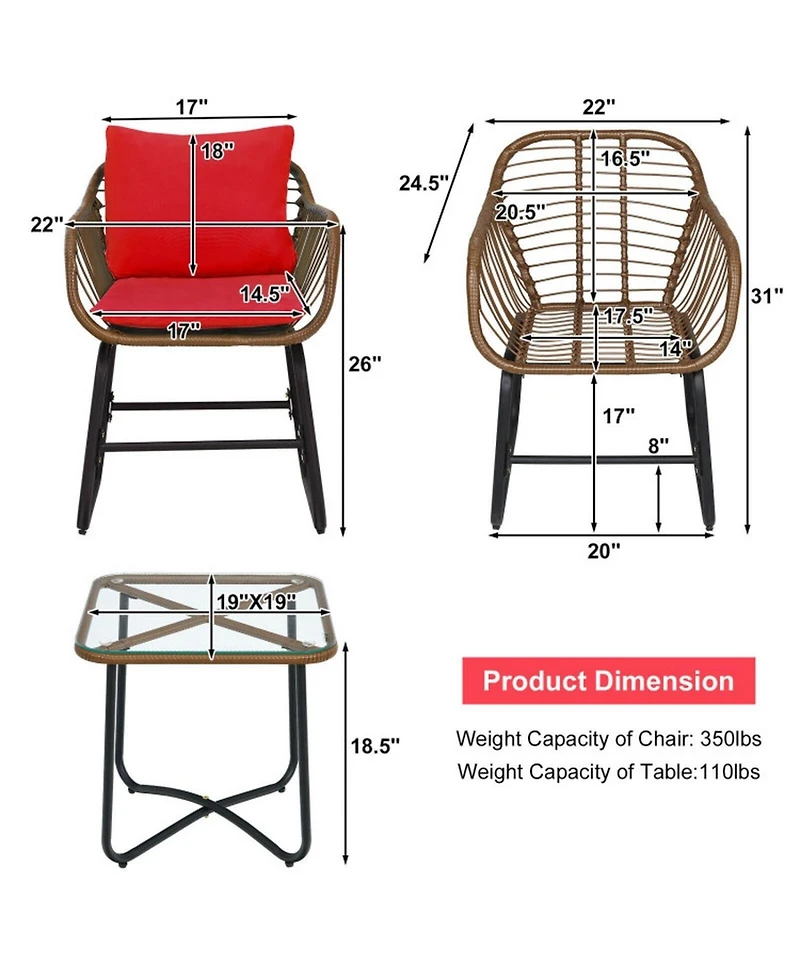 Gouun 3 Piece Outdoor Rattan Bistro Conversation Set with Glass Side Table and 2 Armchairs