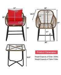 Gouun 3 Piece Outdoor Rattan Bistro Conversation Set with Glass Side Table and 2 Armchairs