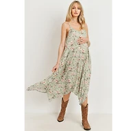 Hello Miz Maternity Floral V-Neck Spaghetti Strap Midi Dress with Pockets