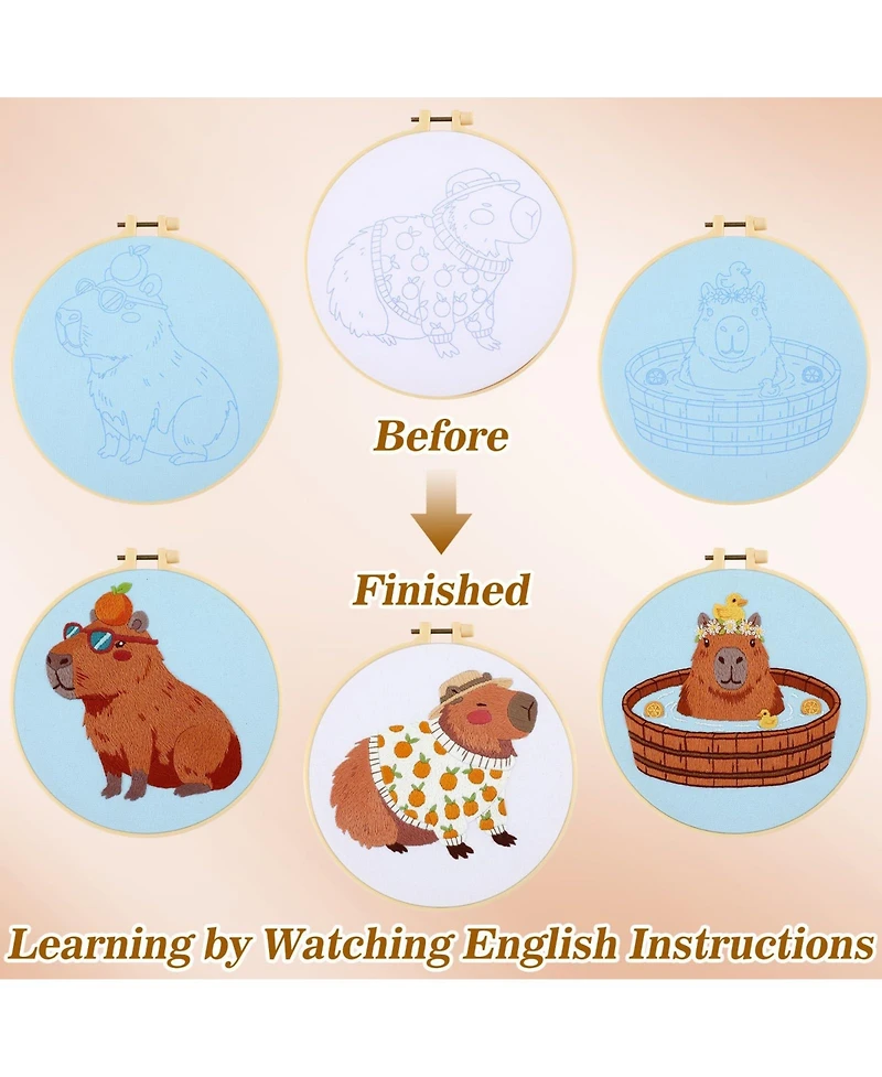Gnuadz 3 Sets Capybara Embroidery Kit Beginner Needlepoint Hoop Thread Instruction