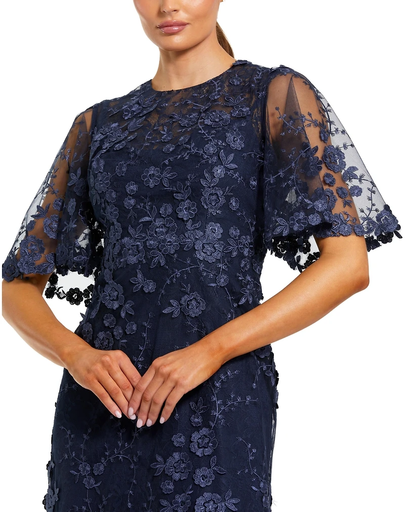 Mac Duggal Petite Flutter Sleeve Floral Embroidered Net Gown