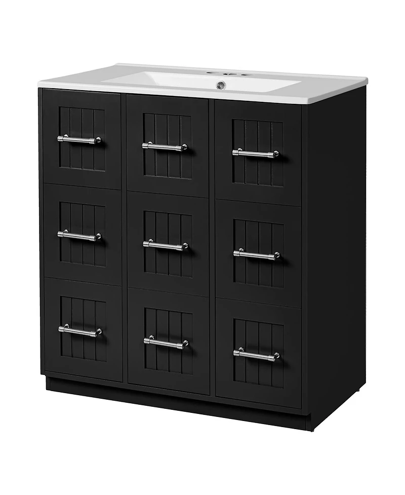Sillysis 30 Inch Modern Bathroom Vanity with Ceramic Sink, Tip-Out Drawer, Soft Close Doors, Flexible Storage for