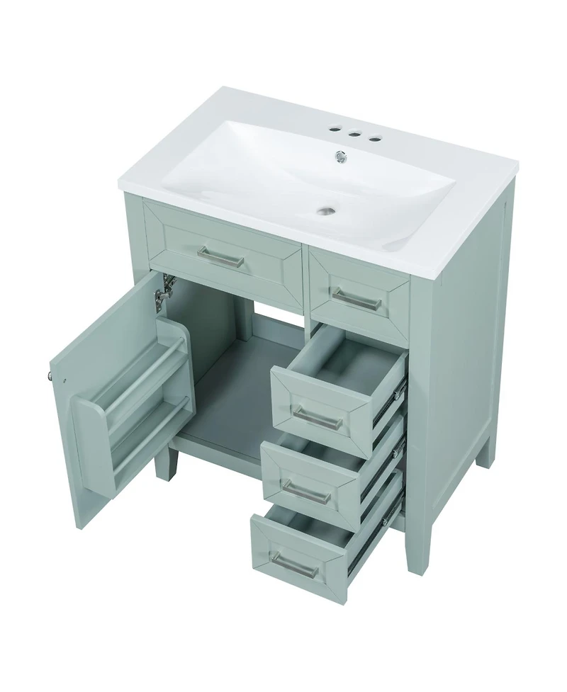 Sillysis 30 Inch Modern Bathroom Vanity with Ceramic Sink, Solid Wood, Multiple Drawers and Door Shelf for Stylish Bath
