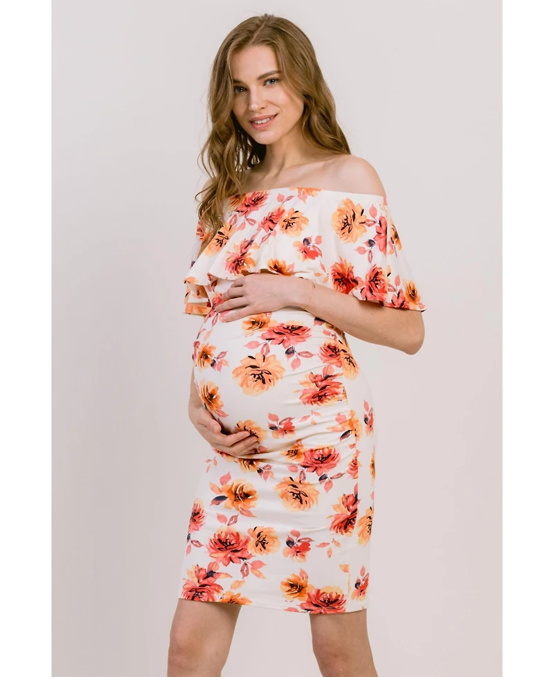 Hello Miz Maternity Floral Off-the-Shoulder Ruffle Bodycon Dress