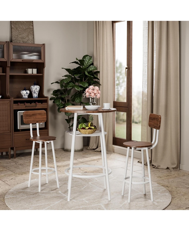 flynama 3-Piece 36" Counter-Height Bar Table Set with 2 Stools, Storage Shelf for Small Kitchen and Balcony