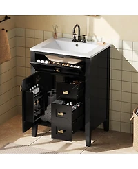 Sillysis 24 Inch Modern Black Bathroom Vanity with Ceramic Sink, Ample Drawer Storage, Solid Wood Frame for Small Spaces