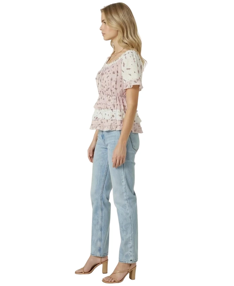 Modenaire Women's Floral Tie-Neck Ruffle Peplum Top