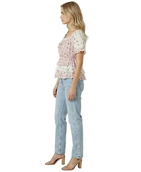 Modenaire Women's Floral Tie-Neck Ruffle Peplum Top