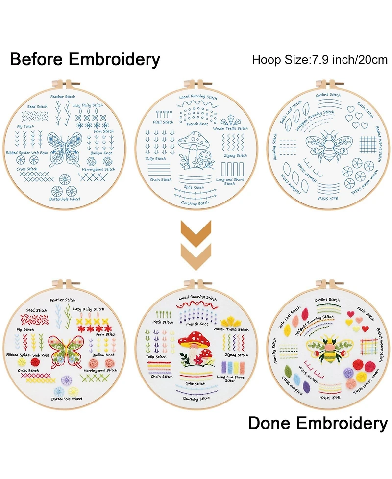 Gnuadz Embroidery Kit Beginners 3 Packs 30 Stitches Practice Tool Hoop Threads
