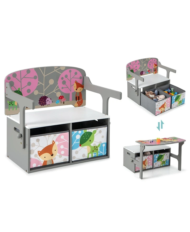 Gouun 3-in-1 Kids Convertible Activity Bench with 2 Removable Fabric Bins