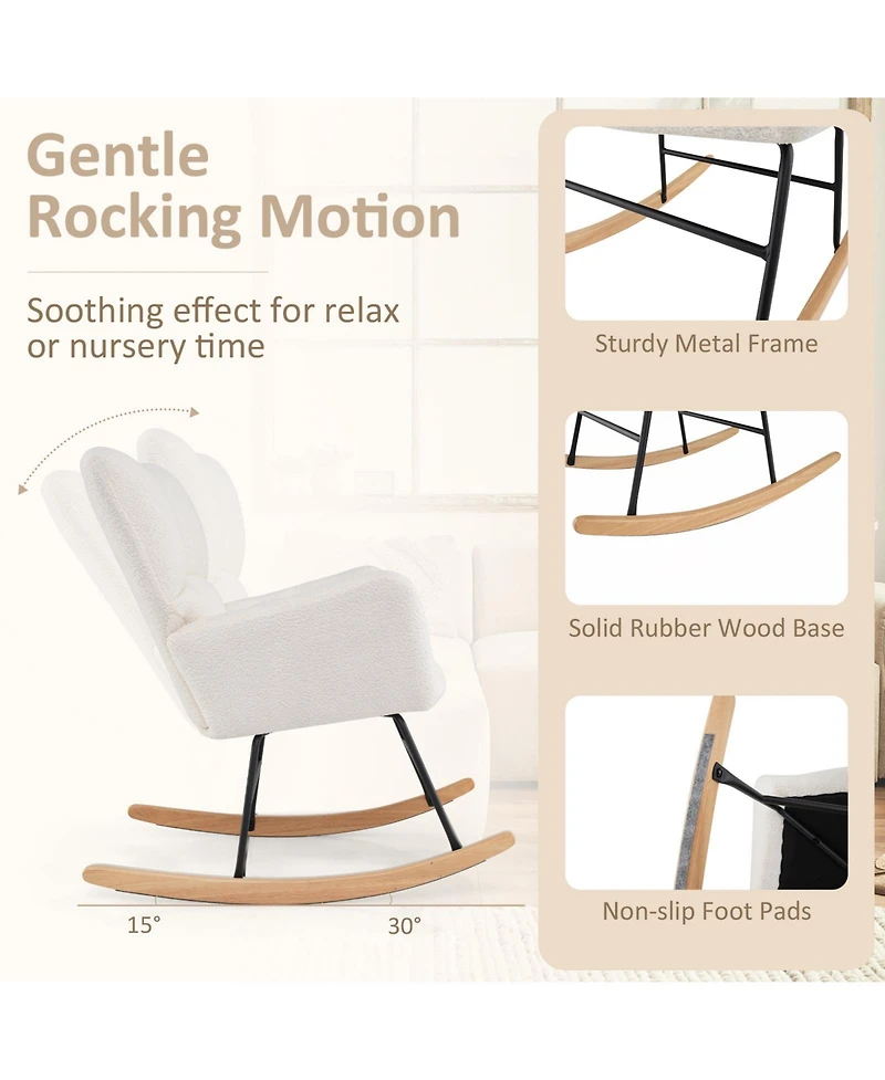 Gouun Nursery Rocking Chair with Teddy Fleece Upholstery and Rubber Wood Base