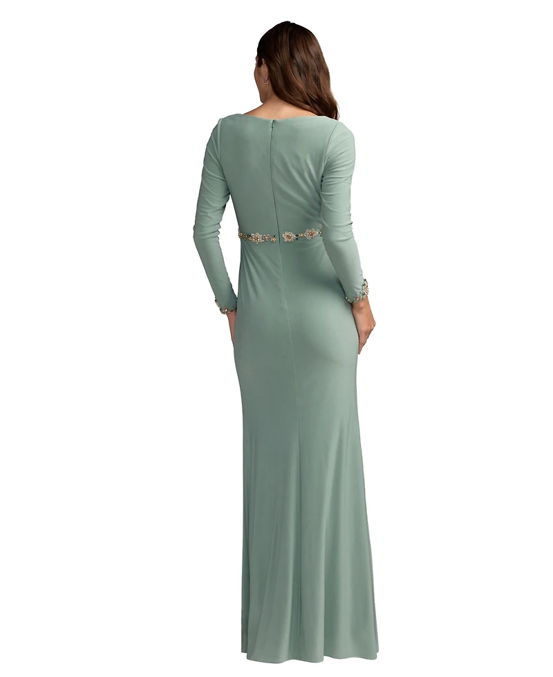 Mac Duggal Women's Jersey Long Sleeve V-Neck Gown With Beaded Belt