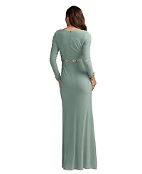 Mac Duggal Women's Jersey Long Sleeve V-Neck Gown With Beaded Belt