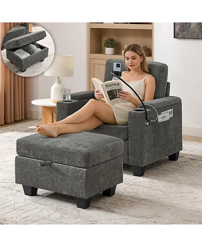 Rainsken Accent Chair and Storage Ottoman Set, Single Chaise Lounge Chair Convertible Sleeper Bed with Usb Port and Phone Stand for Living Room