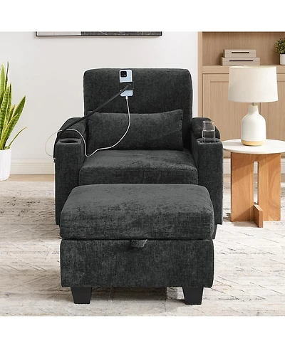 Rainsken Accent Chair with Storage Ottoman Set, Convertible Chaise Lounge Sleeper Chair with Usb Charging and Phone Holder for Living Room