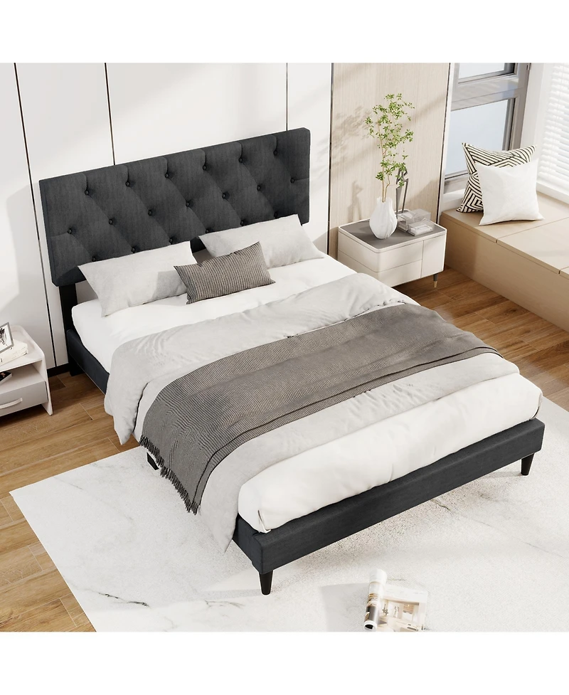 Slickblue Platform Bed Frame with Upholstered Tufted Headboard and Slats