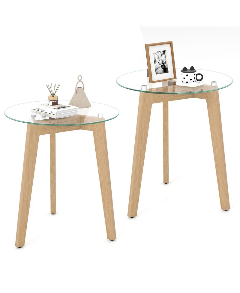Slickblue Set of 2 Tempered Glass Side Tables Round Design with Rubber Wood Frame