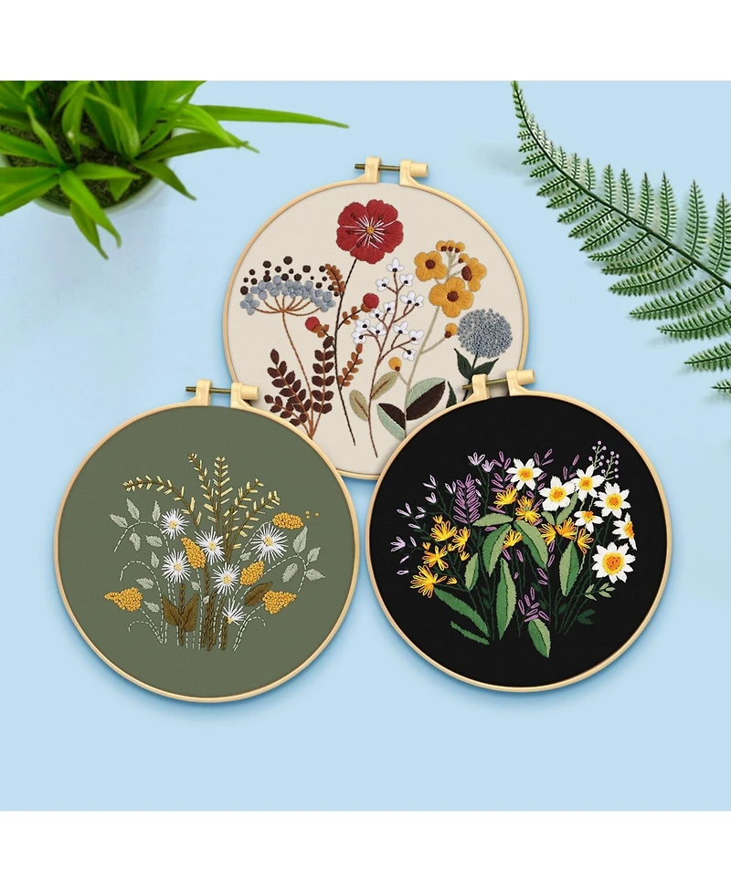 Gnuadz 3 Sets Embroidery Kit Floral Cross Stitch Cloth Hoops Threads Plants Flowers